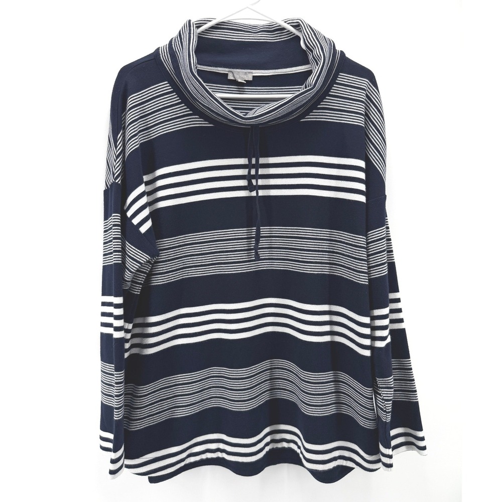 T by Talbots Navy Blue White Stripe Cowl Neck Top Nautical Coastal Women XL EUC